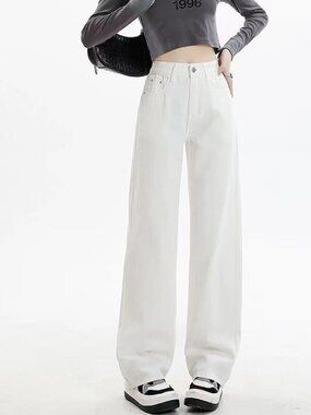 New women white Jeans Straight High Waisted Wide Leg Demin Pants